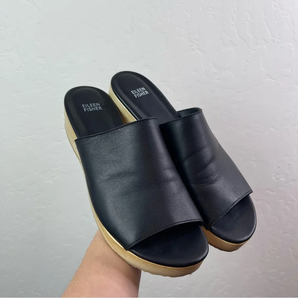 Eileen Fisher Size 11 Novel Black Leather Platform Wooden Clog Slide Sandals - Picture 15 of 16
